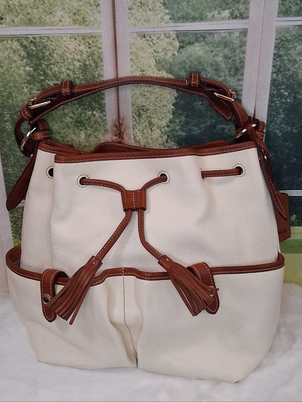 Classic White and Brown Drawstring Tote Bag